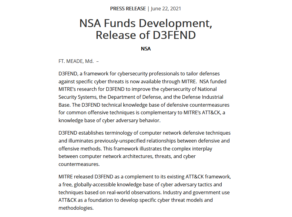 D3FEND – NSA Funds the Development